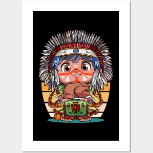 Funny Thanksgiving Native American Boy Pumpkin Turkey Posters and Art